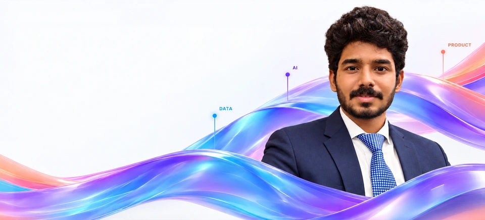 Teja P C in a navy suit, surrounded by flowing iridescent ribbons