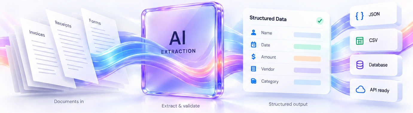 Invoices, receipts and forms pass through AI extraction into validated structured data, with JSON, CSV, database and API outputs.
